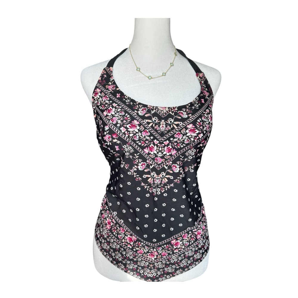 Floral Black Pink Y2K Summer Tankini Halter Womens Medium Stretchy Beachwear Top